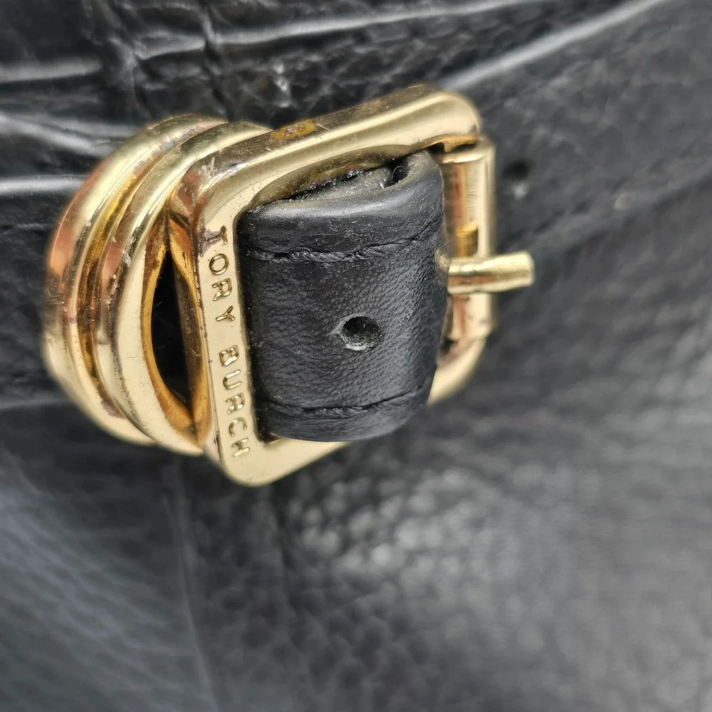 Tory Burch Black Pebbled Leather Riding Boots Size 9M Embossed Logo Gold Buckle